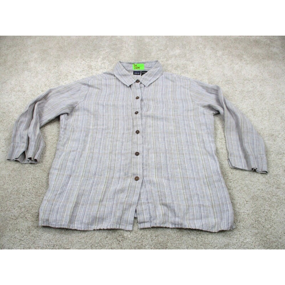 Patagonia Shirt Womens 14 Blue Green Striped Hemp Casual Button Up Top